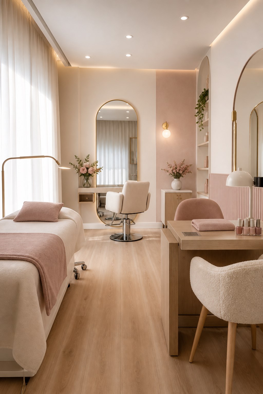 Conceito fictício de um salão de beleza delicado em tons rosé e marfim